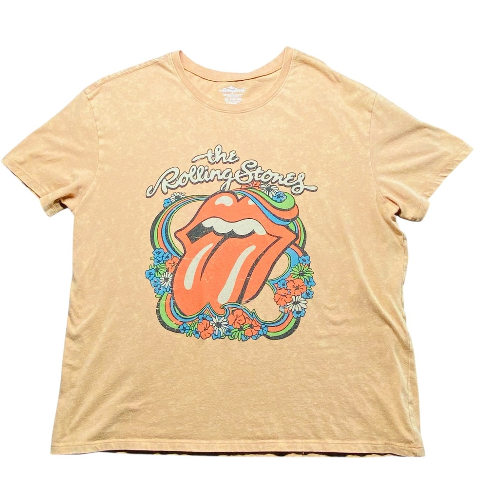 The Rolling Stones Band Graphic T Shirt Orange Tie Dye‎ XL 16 18 Cotton Poly
